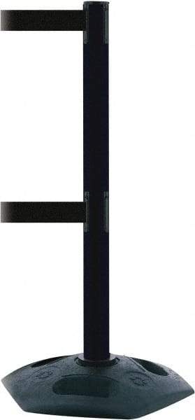 Tensator - 38" High, 2-1/2" Pole Diam, 4 Way Stanchion - 19" Base Diam, Octagon Recycled Rubber Base, Black Plastic Post, 7-1/2' x 2" Tape, Dual Line Tape, For Outdoor Use - Makers Industrial Supply