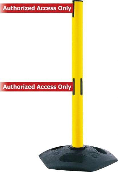 Tensator - 38" High, 2-1/2" Pole Diam, 4 Way Stanchion - 19" Base Diam, Octagon Recycled Rubber Base, Yellow Plastic Post, 7-1/2' x 2" Tape, Dual Line Tape, For Outdoor Use - Makers Industrial Supply