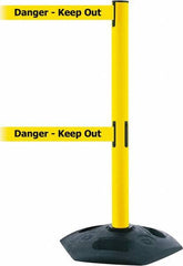 Tensator - 38" High, 2-1/2" Pole Diam, 4 Way Stanchion - 19" Base Diam, Octagon Recycled Rubber Base, Yellow Plastic Post, 7-1/2' x 2" Tape, Dual Line Tape, For Outdoor Use - Makers Industrial Supply