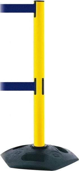 Tensator - 38" High, 2-1/2" Pole Diam, 4 Way Stanchion - 19" Base Diam, Octagon Recycled Rubber Base, Yellow Plastic Post, 7-1/2' x 2" Tape, Dual Line Tape, For Outdoor Use - Makers Industrial Supply