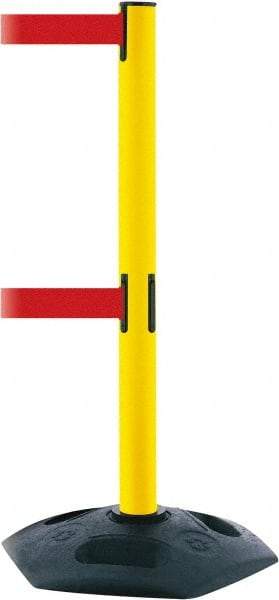 Tensator - 38" High, 2-1/2" Pole Diam, 4 Way Stanchion - 19" Base Diam, Octagon Recycled Rubber Base, Yellow Plastic Post, 7-1/2' x 2" Tape, Dual Line Tape, For Outdoor Use - Makers Industrial Supply