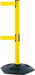 Tensator - 38" High, 2-1/2" Pole Diam, 4 Way Stanchion - 19" Base Diam, Octagon Recycled Rubber Base, Yellow Plastic Post, 7-1/2' x 2" Tape, Dual Line Tape, For Outdoor Use - Makers Industrial Supply