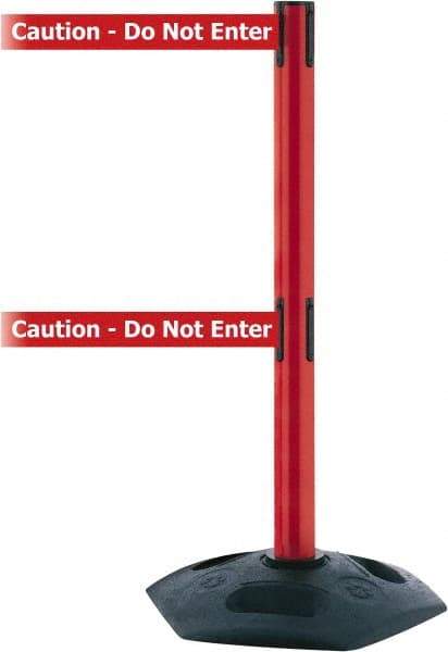 Tensator - 38" High, 2-1/2" Pole Diam, 4 Way Stanchion - 19" Base Diam, Octagon Recycled Rubber Base, Red Plastic Post, 7-1/2' x 2" Tape, Dual Line Tape, For Outdoor Use - Makers Industrial Supply