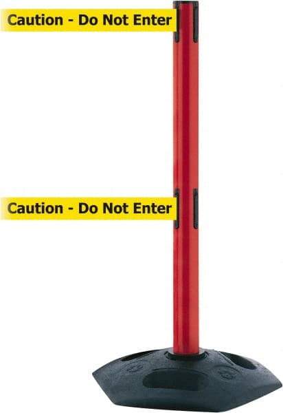 Tensator - 38" High, 2-1/2" Pole Diam, 4 Way Stanchion - 19" Base Diam, Octagon Recycled Rubber Base, Red Plastic Post, 7-1/2' x 2" Tape, Dual Line Tape, For Outdoor Use - Makers Industrial Supply