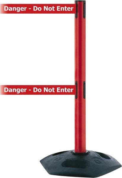 Tensator - 38" High, 2-1/2" Pole Diam, 4 Way Stanchion - 19" Base Diam, Octagon Recycled Rubber Base, Red Plastic Post, 7-1/2' x 2" Tape, Dual Line Tape, For Outdoor Use - Makers Industrial Supply