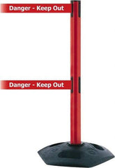 Tensator - 38" High, 2-1/2" Pole Diam, 4 Way Stanchion - 19" Base Diam, Octagon Recycled Rubber Base, Red Plastic Post, 7-1/2' x 2" Tape, Dual Line Tape, For Outdoor Use - Makers Industrial Supply