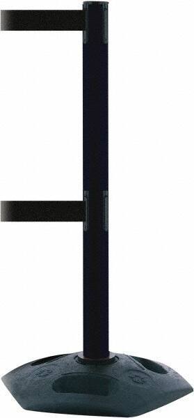 Tensator - 38" High, 2-1/2" Pole Diam, 4 Way Stanchion - 19" Base Diam, Octagon Recycled Rubber Base, Black Plastic Post, 13' x 2" Tape, Dual Line Tape, For Outdoor Use - Makers Industrial Supply