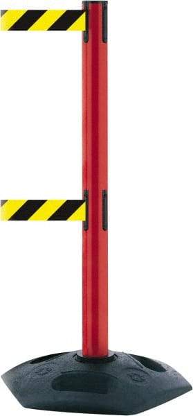 Tensator - 38" High, 2-1/2" Pole Diam, 4 Way Stanchion - 19" Base Diam, Octagon Recycled Rubber Base, Red Plastic Post, 13' x 2" Tape, Dual Line Tape, For Outdoor Use - Makers Industrial Supply