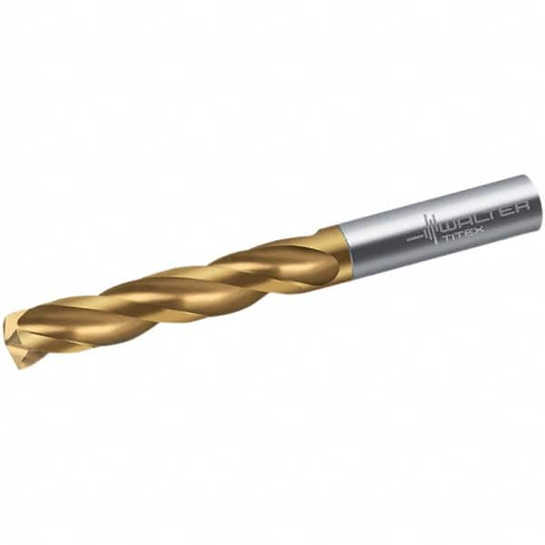 Walter-Titex - 10.5mm 150° Spiral Flute Solid Carbide Screw Machine Drill Bit - TiN Finish, Right Hand Cut, 55mm Flute Length, 89mm OAL, Maximiza Point, Straight Shank - Makers Industrial Supply