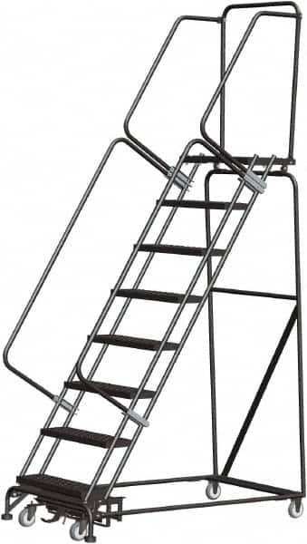 Ballymore - 113" 8 Step Rolling Warehouse Ladder - Lock Step Rolling Safety Ladder, 450 Lb Capacity, 80" Platform Height, 32" Base Width x 61" Base Depth, Perforated Tread - Makers Industrial Supply