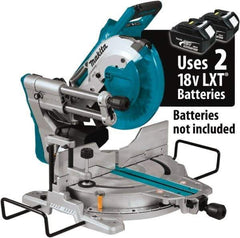 Makita - 36 Amp, 18 Volt, 4,400 RPM, 60° Double Bevel Sliding Miter Saw - 5/8" Arbor, 10" Blade Diam, Includes Vertical Vise, Dust Bag, Triangular Rule, Hex Wrench & 10" x 5/8" 40T Micro-Polished Miter Saw Blade - Makers Industrial Supply