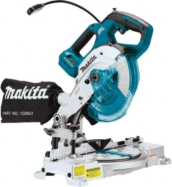 Makita - 36 Amp, 18 Volt, 5,000 RPM, 52° Double Bevel Miter Saw - 5/8" Arbor, 6-1/2" Blade Diam, Includes Triangular Rule, Vertical Vise, Dust Bag, (1) 6-1/2" x 5/8" 64T Micro-Polished Miter Saw Blade & Hex Wrench - Makers Industrial Supply