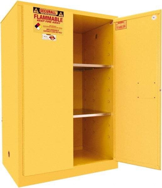 Securall Cabinets - 2 Door, 2 Shelf, Yellow Steel Standard Safety Cabinet for Flammable and Combustible Liquids - 65" High x 43" Wide x 31" Deep, Manual Closing Door, 3 Point Key Lock, 90 Gal Capacity - Makers Industrial Supply