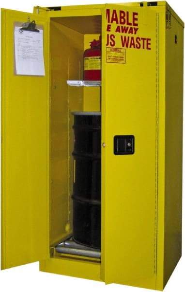 Securall Cabinets - 31" Wide x 31" Deep x 67" High, 18 Gauge Steel Vertical Drum Cabinet with 3 Point Key Lock - Yellow, Self-Closing Door, 1 Shelf, 1 Drum, Drum Rollers Included - Makers Industrial Supply