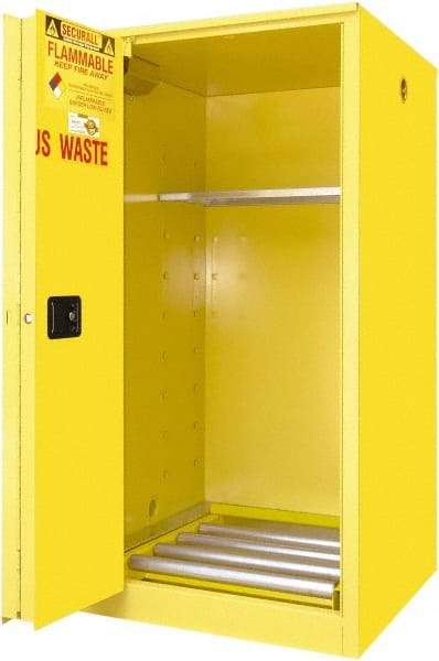 Securall Cabinets - 34" Wide x 34" Deep x 65" High, 18 Gauge Steel Vertical Drum Cabinet with 3 Point Key Lock - Yellow, Self-Closing Door, 1 Shelf, 1 Drum, Drum Rollers Included - Makers Industrial Supply