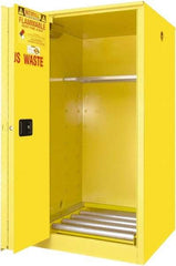 Securall Cabinets - 34" Wide x 34" Deep x 65" High, 18 Gauge Steel Vertical Drum Cabinet with 3 Point Key Lock - Yellow, Self-Closing Door, 1 Shelf, 1 Drum, Drum Rollers Included - Makers Industrial Supply