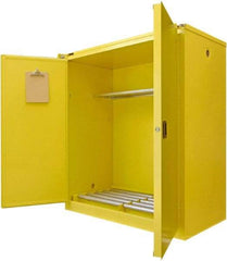 Securall Cabinets - 56" Wide x 31" Deep x 67" High, 18 Gauge Steel Vertical Drum Cabinet with 3 Point Key Lock - Yellow, Self-Closing Door, 1 Shelf, 2 Drums, Drum Rollers Included - Makers Industrial Supply