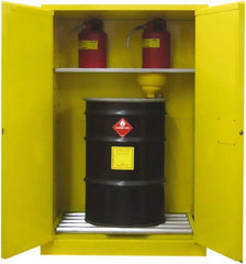 Securall Cabinets - 43" Wide x 31" Deep x 67" High, 18 Gauge Steel Vertical Drum Cabinet with 3 Point Key Lock - Yellow, Self-Closing Door, 1 Shelf, 2 Drums, Drum Rollers Included - Makers Industrial Supply