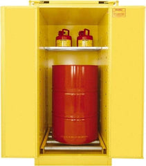 Securall Cabinets - 31" Wide x 31" Deep x 67" High, 18 Gauge Steel Vertical Drum Cabinet with 3 Point Key Lock - Yellow, Self-Closing Door, 1 Shelf, 1 Drum, Drum Rollers Included - Makers Industrial Supply