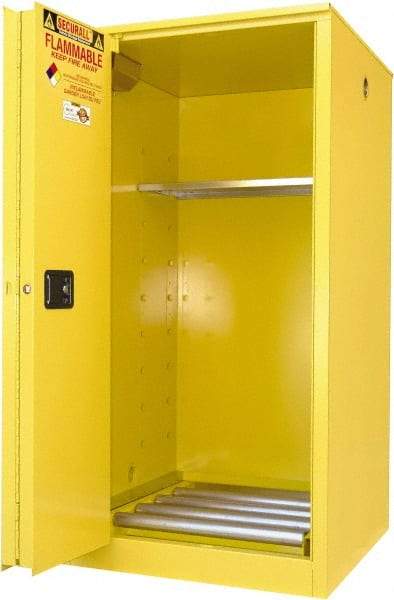 Securall Cabinets - 34" Wide x 34" Deep x 65" High, 18 Gauge Steel Vertical Drum Cabinet with 3 Point Key Lock - Yellow, Sliding Door Door, 1 Shelf, 1 Drum, Drum Rollers Included - Makers Industrial Supply