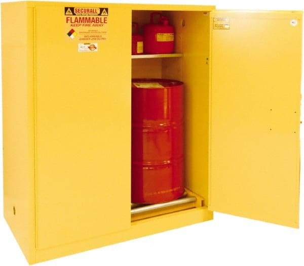 Securall Cabinets - 56" Wide x 31" Deep x 65" High, 18 Gauge Steel Vertical Drum Cabinet with 3 Point Key Lock - Yellow, Manual Closing Door, 3 Shelves, 1 Drum, Drum Rollers Included - Makers Industrial Supply