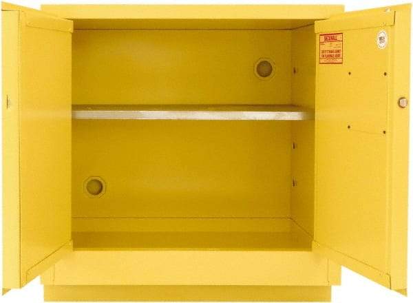 Securall Cabinets - 2 Door, 1 Shelf, Yellow Steel Under the Counter Safety Cabinet for Flammable and Combustible Liquids - 35-9/16" High x 35" Wide x 22" Deep, Manual Closing Door, 3 Point Key Lock, 24 Gal Capacity - Makers Industrial Supply