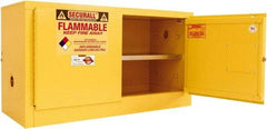 Securall Cabinets - 2 Door, 1 Shelf, Yellow Steel Stackable Safety Cabinet for Flammable and Combustible Liquids - 24" High x 43" Wide x 18" Deep, Manual Closing Door, 3 Point Key Lock, 18 Gal Capacity - Makers Industrial Supply