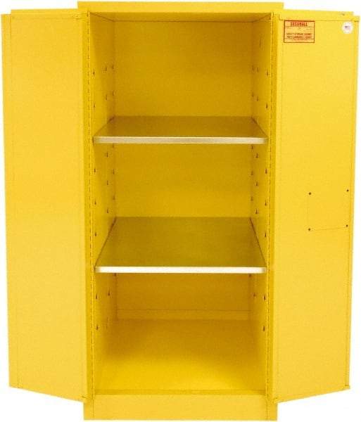 Securall Cabinets - 2 Door, 2 Shelf, Yellow Steel Standard Safety Cabinet for Flammable and Combustible Liquids - 65" High x 31" Wide x 31" Deep, Manual Closing Door, 3 Point Key Lock, 60 Gal Capacity - Makers Industrial Supply