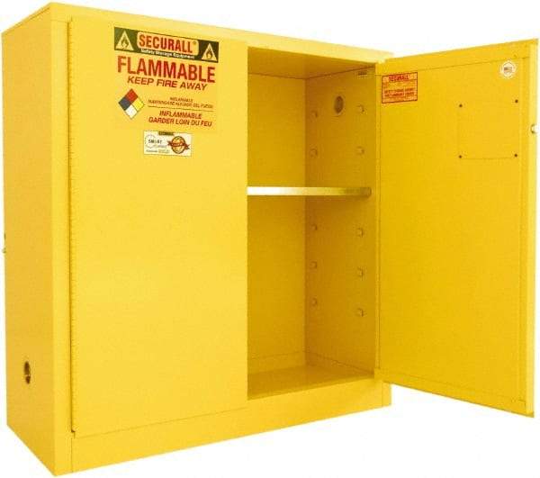 Securall Cabinets - 2 Door, 1 Shelf, Yellow Steel Standard Safety Cabinet for Flammable and Combustible Liquids - 44" High x 43" Wide x 18" Deep, Manual Closing Door, 3 Point Key Lock, 30 Gal Capacity - Makers Industrial Supply