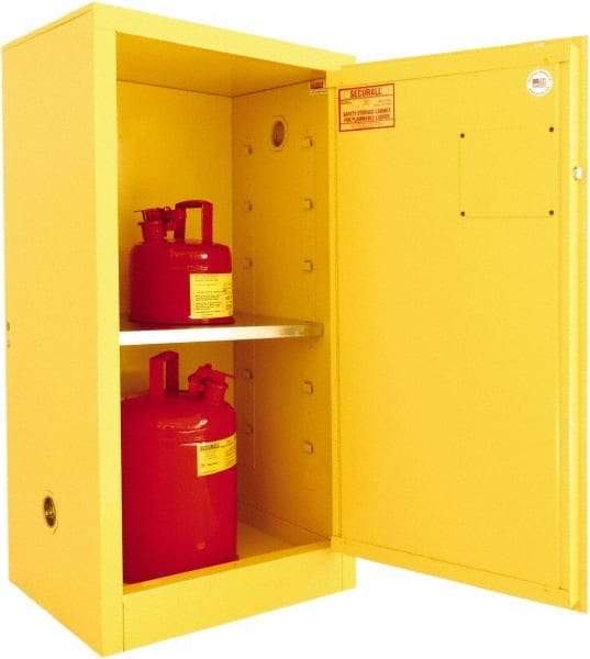 Securall Cabinets - 1 Door, 1 Shelf, Yellow Steel Standard Safety Cabinet for Flammable and Combustible Liquids - 44" High x 23-3/16" Wide x 18" Deep, Manual Closing Door, 3 Point Key Lock, 16 Gal Capacity - Makers Industrial Supply