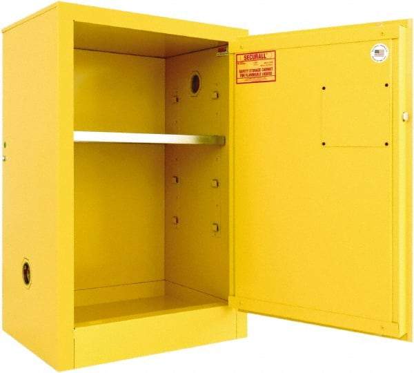 Securall Cabinets - 1 Door, 1 Shelf, Yellow Steel Standard Safety Cabinet for Flammable and Combustible Liquids - 35" High x 24" Wide x 18" Deep, Manual Closing Door, 3 Point Key Lock, 12 Gal Capacity - Makers Industrial Supply