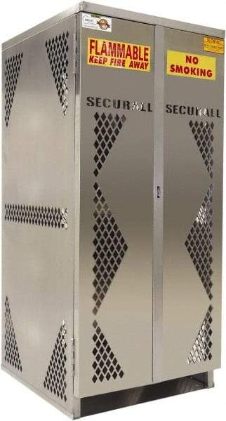 Securall Cabinets - 2 Door, Silver Aluminum Standard Safety Cabinet for Flammable and Combustible Liquids - 65" High x 60" Wide x 32" Deep, Manual Closing Door, Padlockable Hasp, Vertical Cylinder Capacity - Makers Industrial Supply