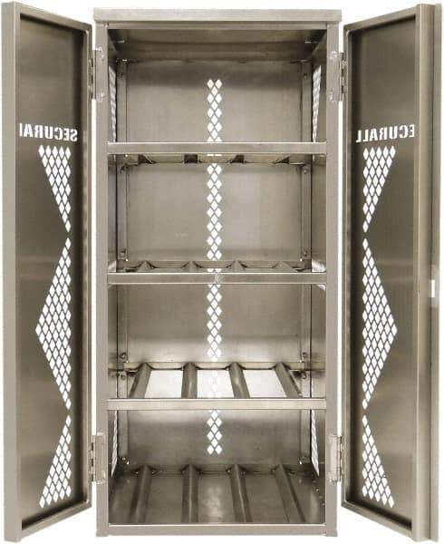 Securall Cabinets - 2 Door, 4 Shelf, Silver Aluminum Standard Safety Cabinet for Flammable and Combustible Liquids - 65" High x 30" Wide x 32" Deep, Manual Closing Door, Padlockable Hasp, 20 or 33 Lb Cylinder Capacity - Makers Industrial Supply