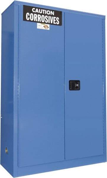 Securall Cabinets - 2 Door, 2 Shelf, Blue Steel Standard Safety Cabinet for Corrosive Chemicals - 65" High x 43" Wide x 18" Deep, Manual Closing Door, 3 Point Key Lock, 45 Gal Capacity - Makers Industrial Supply