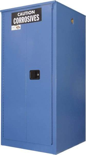 Securall Cabinets - 2 Door, 2 Shelf, Blue Steel Standard Safety Cabinet for Corrosive Chemicals - 65" High x 34" Wide x 34" Deep, Sliding Door, 3 Point Key Lock, 60 Gal Capacity - Makers Industrial Supply