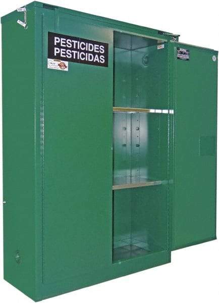 Securall Cabinets - 2 Door, 2 Shelf, Green Steel Standard Safety Cabinet for Flammable and Combustible Liquids - 67" High x 43" Wide x 18" Deep, Self Closing Door, 3 Point Key Lock, 45 Gal Capacity - Makers Industrial Supply