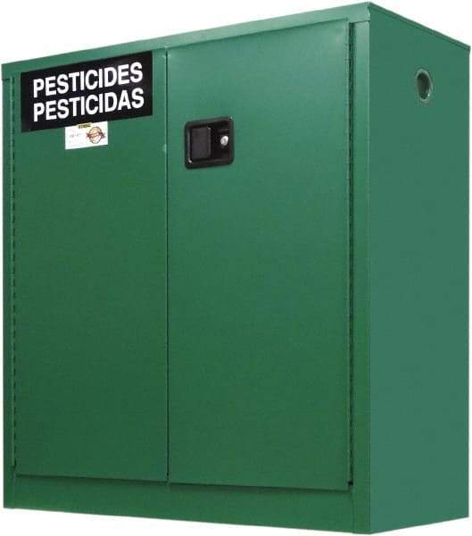 Securall Cabinets - 2 Door, 1 Shelf, Green Steel Standard Safety Cabinet for Flammable and Combustible Liquids - 44" High x 43" Wide x 18" Deep, Manual Closing Door, 3 Point Key Lock, 30 Gal Capacity - Makers Industrial Supply