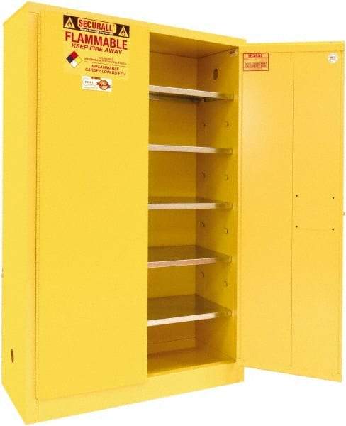 Securall Cabinets - 2 Door, 5 Shelf, Yellow Steel Standard Safety Cabinet for Flammable and Combustible Liquids - 65" High x 43" Wide x 18" Deep, Manual Closing Door, 3 Point Key Lock, 60 Gal Capacity - Makers Industrial Supply