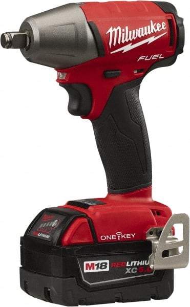 Milwaukee Tool - 1/2" Drive 18 Volt Pistol Grip Cordless Impact Wrench & Ratchet - 2,500 RPM, 0 to 3,200 BPM, 220 Ft/Lb Torque, 2 Lithium-Ion Batteries Included - Makers Industrial Supply