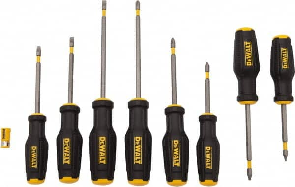 DeWALT - 8 Piece Phillips, Slotted & Square Screwdriver Set - Ergonomic & Bi-material Handle, Blade Sizes: Length 3 to 6, Width 3/16, 1/4 & 5/16, Bit Sizes: Philips #1 to #3 - Makers Industrial Supply