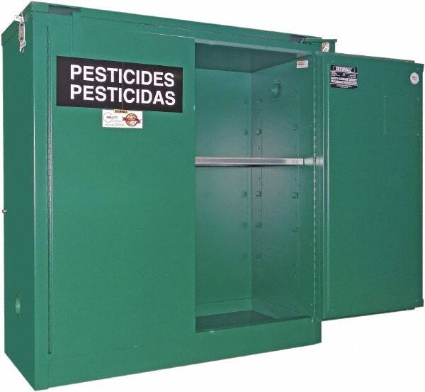 Securall Cabinets - 2 Door, 1 Shelf, Green Steel Standard Safety Cabinet for Flammable and Combustible Liquids - 46" High x 43" Wide x 18" Deep, Self Closing Door, 3 Point Key Lock, 30 Gal Capacity - Makers Industrial Supply