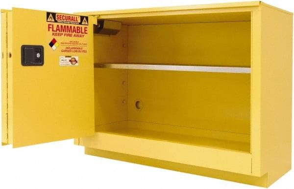 Securall Cabinets - 2 Door, 1 Shelf, Yellow Steel Under the Counter Safety Cabinet for Flammable and Combustible Liquids - 35-5/8" High x 59" Wide x 22" Deep, Sliding Door, 3 Point Key Lock, 44 Gal Capacity - Makers Industrial Supply