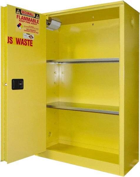 Securall Cabinets - 2 Door, 2 Shelf, Yellow Steel Standard Safety Cabinet for Flammable and Combustible Liquids - 65" High x 43" Wide x 18" Deep, Sliding Door, 3 Point Key Lock, 45 Gal Capacity - Makers Industrial Supply