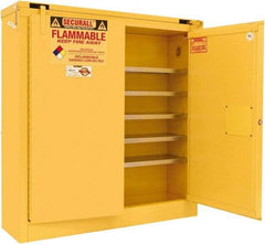 Securall Cabinets - 2 Door, 5 Shelf, Yellow Steel Wall Mount Safety Cabinet for Flammable and Combustible Liquids - 46" High x 43" Wide x 12" Deep, Self Closing Door, 3 Point Key Lock, 24 Gal Capacity - Makers Industrial Supply