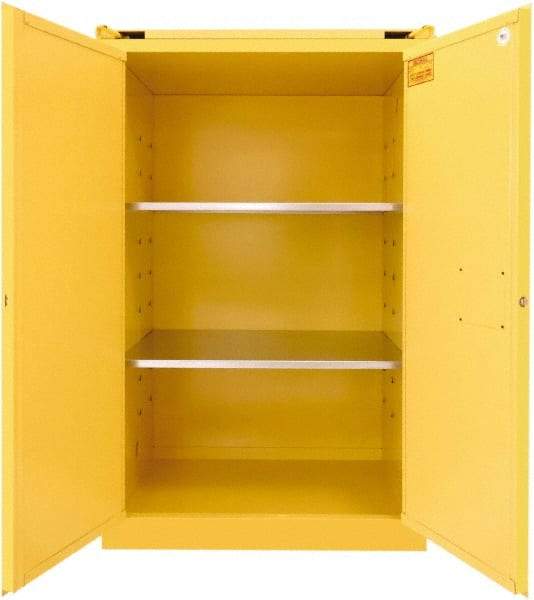 Securall Cabinets - 2 Door, 2 Shelf, Yellow Steel Standard Safety Cabinet for Flammable and Combustible Liquids - 67" High x 43" Wide x 31" Deep, Self Closing Door, 3 Point Key Lock, 90 Gal Capacity - Makers Industrial Supply