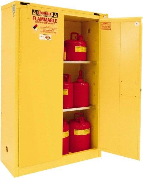 Securall Cabinets - 2 Door, 2 Shelf, Yellow Steel Standard Safety Cabinet for Flammable and Combustible Liquids - 67" High x 43" Wide x 18" Deep, Self Closing Door, 3 Point Key Lock, 45 Gal Capacity - Makers Industrial Supply