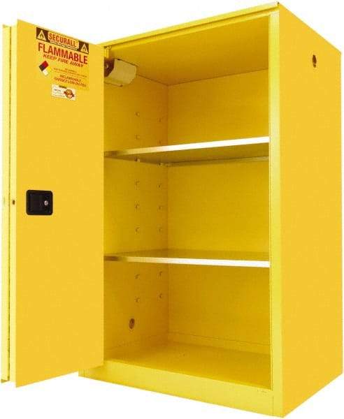 Securall Cabinets - 2 Door, 2 Shelf, Yellow Steel Standard Safety Cabinet for Flammable and Combustible Liquids - 65" High x 43" Wide x 31" Deep, Sliding Door, 3 Point Key Lock, 90 Gal Capacity - Makers Industrial Supply