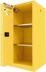 Securall Cabinets - 2 Door, 2 Shelf, Yellow Steel Standard Safety Cabinet for Flammable and Combustible Liquids - 65" High x 31" Wide x 31" Deep, Sliding Door, 3 Point Key Lock, 60 Gal Capacity - Makers Industrial Supply