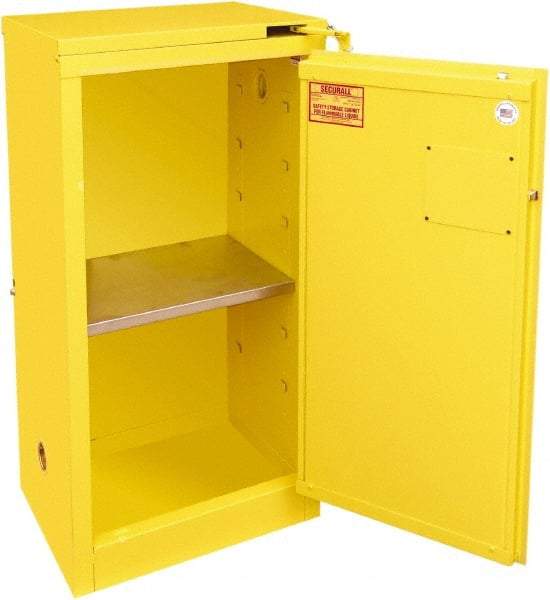 Securall Cabinets - 1 Door, 1 Shelf, Yellow Steel Standard Safety Cabinet for Flammable and Combustible Liquids - 46" High x 23-3/16" Wide x 18" Deep, Self Closing Door, 3 Point Key Lock, 16 Gal Capacity - Makers Industrial Supply