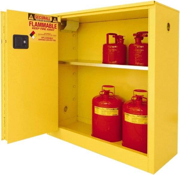 Securall Cabinets - 2 Door, 1 Shelf, Yellow Steel Standard Safety Cabinet for Flammable and Combustible Liquids - 44" High x 43" Wide x 18" Deep, Sliding Door, 3 Point Key Lock, 30 Gal Capacity - Makers Industrial Supply